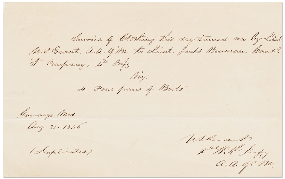 Ulysses S. Grant Signed Invoice as Quartermaster During the Mexican-American War