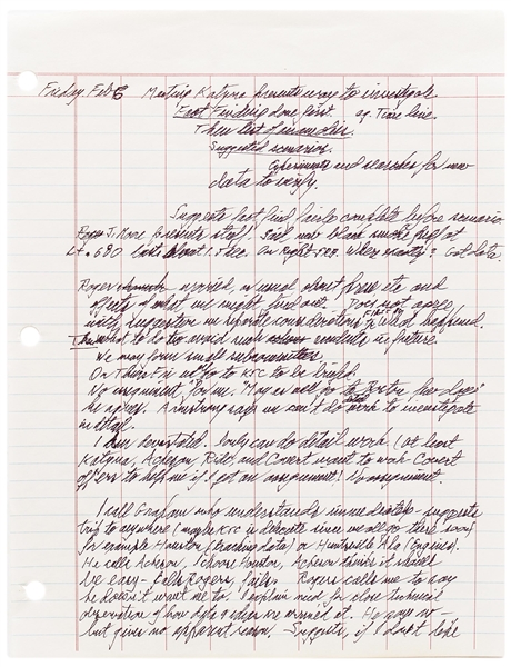 Richard Feynman 4pp. Handwritten Document From the Challenger Investigation -- Feynman's Detailed Notes for 4 Days Spanning 7-10 February 1986, Leading Up to & Including Discovery of O-ring Failure