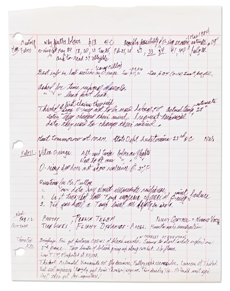 Richard Feynman Handwritten Document From the Challenger Investigation -- Feynman's Detailed Notes for 10-14 February 1986, the Day He Discovered O-ring Failure & the Day of the Ice Water Experiment