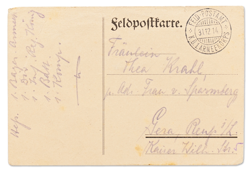 Rudolf Hess Autograph Postcard Signed from 1914 Referencing the World War I Christmas Truce -- ''...The French made a truce for Christmas...May 1915 bring England its entire and just desserts!...''