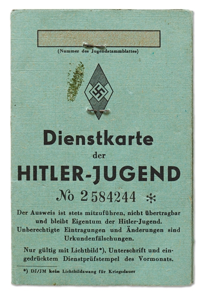 Hitler Youth Membership Card -- With Photo of 10 Year-Old Boy