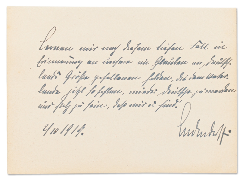 Erich Ludendorff Autograph Quote Signed from 1919 with a Nationalistic German Message -- ''...May we learn to become Germans once more...''