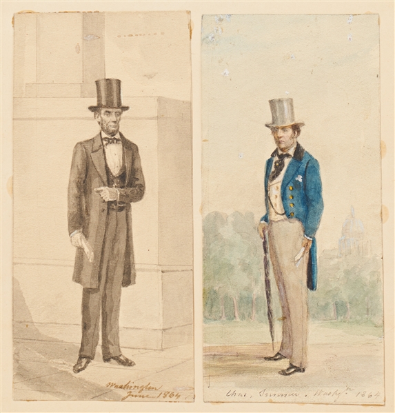 Original Watercolor of Abraham Lincoln by Artist Pierre Morand -- With Second Watercolor by Morand of Charles Sumner, Both from 1864
