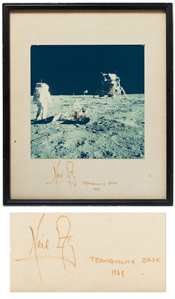 Apollo 11 Photo Signed by Neil Armstrong on Presentation Mat Measuring 10.5'' x 12.5'' -- Armstrong Writes ''Tranquility Base / 1969'' Next to His Signature