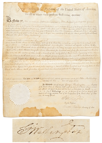 George Washington Document Signed as President -- Washington Grants Land to Brigadier General Peter ''Devil Pete'' Muhlenberg