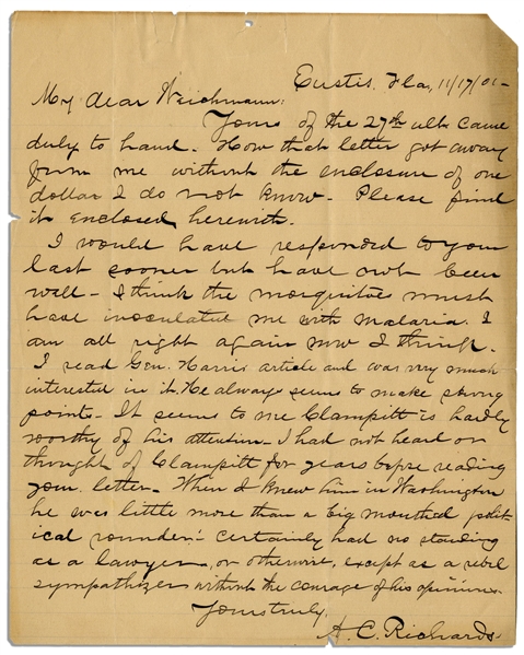 Abraham Lincoln Assassination Letter From the Lead Detective -- ''...Clampitt [Mary Surratt's defense lawyer] was little more than a big mouthed political rounder...''