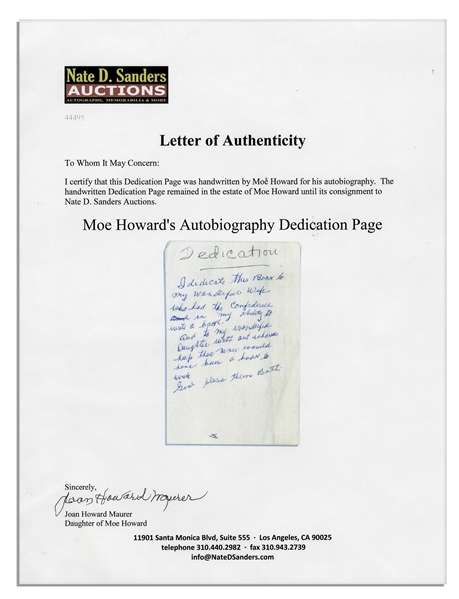 Moe Howard's Handwritten Dedication Page For His Autobiography