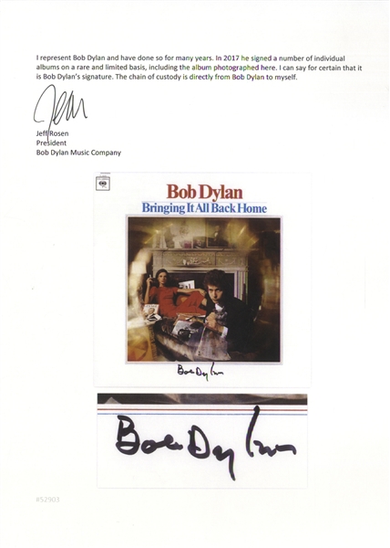 Bob Dylan Signed Album ''Bringing It All Back Home'' -- With a COA From Jeff Rosen