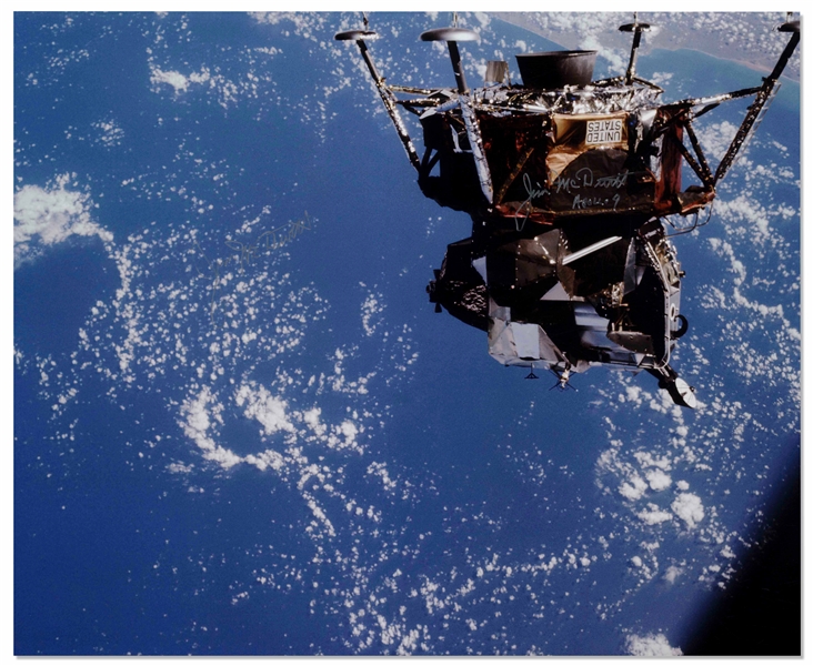 James McDivitt Twice-Signed 20'' x 16'' Photo of the Apollo 9 Lunar Module in the Earth's Orbit