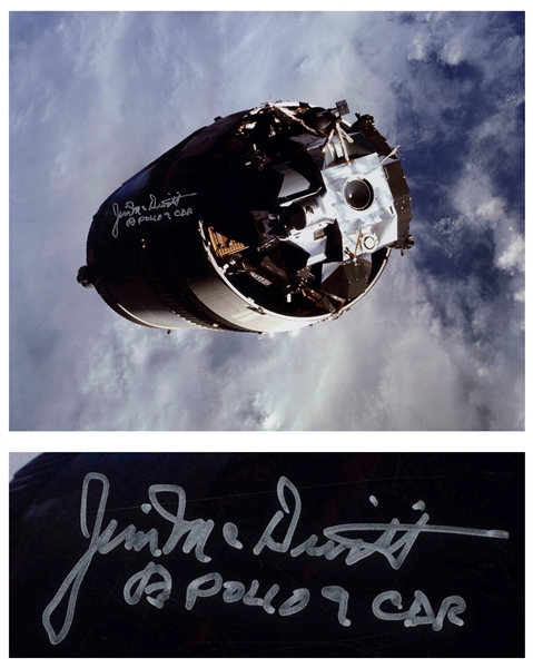 James McDivitt Signed 20'' x 16'' Photo of the Apollo 9 Lunar Module Against a Beautiful Cloudy Blue Sky