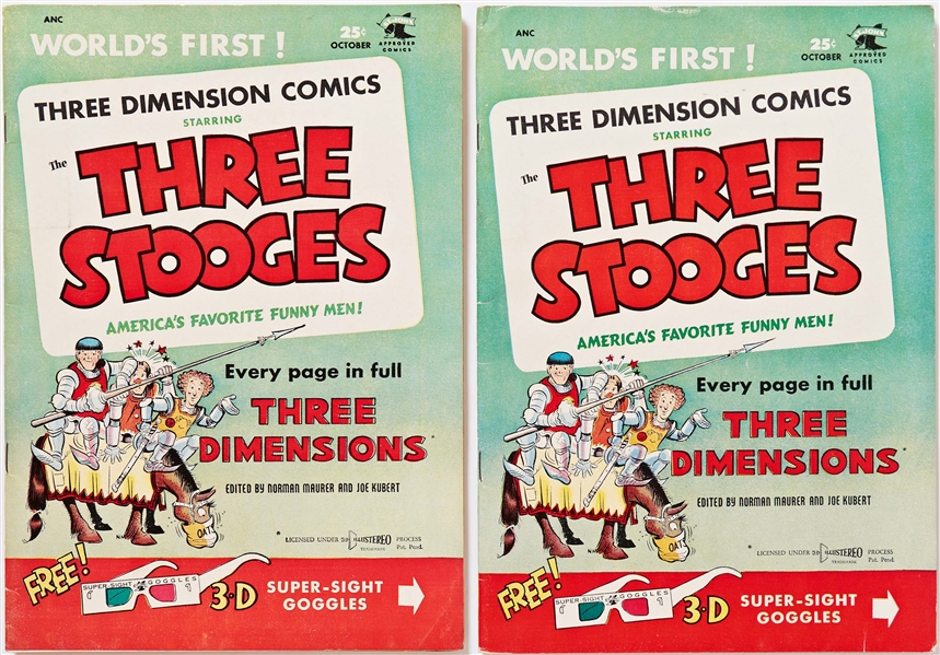 13 Copies of ''Three Stooges'' #2 and 4 Copies of #3 (St. John, 1953) -- Light Wear to Most, 4 Copies of #2 and 2 Copies of #3 Missing 3-D Glasses