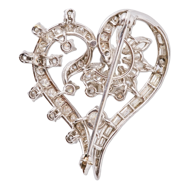 Heart-Shaped Diamond Brooch -- Approx. 3.5 Carats, Set in Platinum