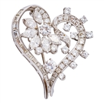 Heart-Shaped Diamond Brooch -- Approx. 3.5 Carats, Set in Platinum