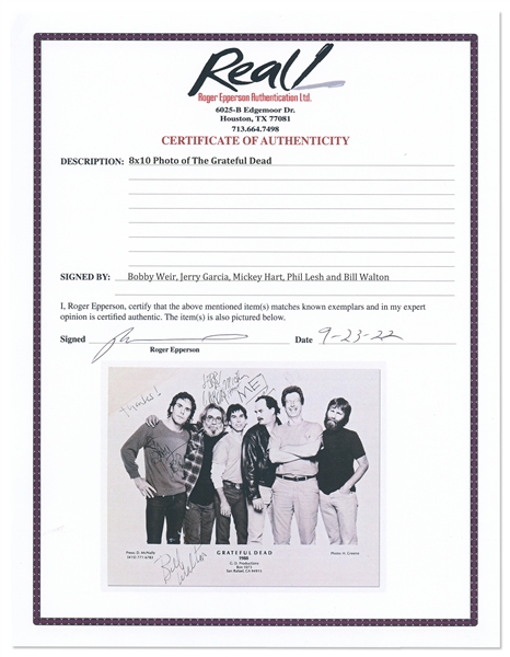 Grateful Dead Signed 10 x 8 Photo -- Signed by 5 Members of the Band Including Jerry Garcia -- With Roger Epperson COA