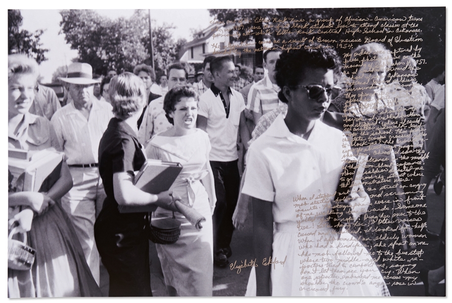 Elizabeth Eckford Handwritten Signed 20'' x 13.375'' Photo Essay From Her First Day of School as Part of the ''Little Rock Nine'' -- ''...Someone yelled 'Get a rope. Drag her over to the tree!'...''