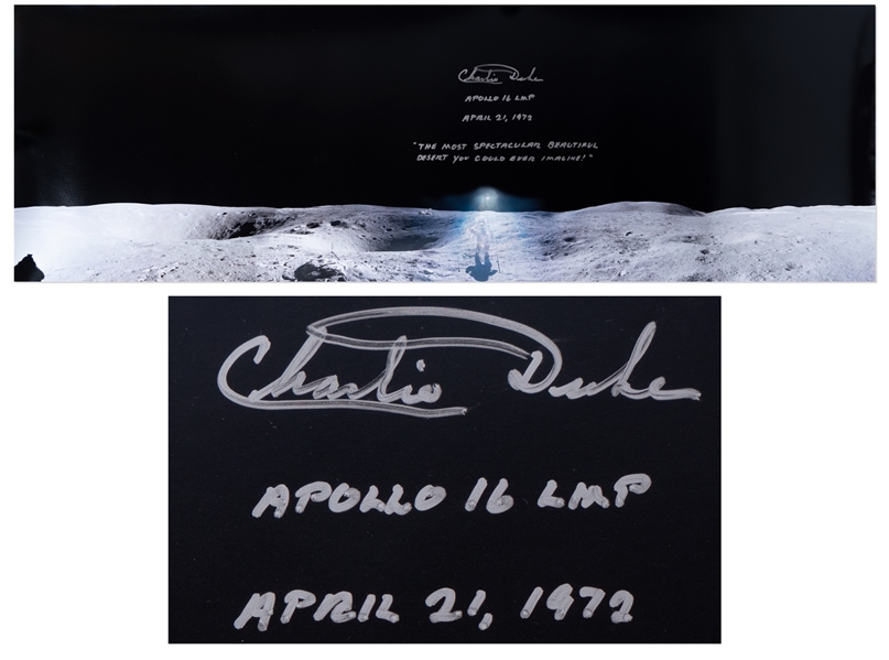 Charlie Duke Signed 36'' Panoramic Photo of the Lunar Surface -- ''The most spectacular beautiful desert you could ever imagine!''