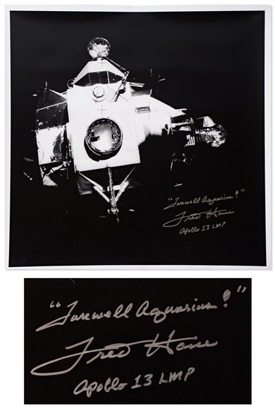 Fred Haise Signed 16.25'' Square Photo of the Apollo 13 Lunar Module After They Jettisoned It Before Reentry