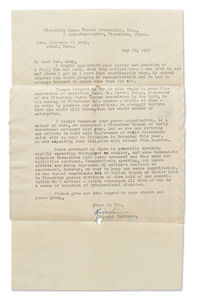 Kiyoshi Tanimoto Letter Signed -- ''...Peace movement in Japan is...rapidly expanding...our peace efforts are being oppressed by nation's tendency of rearmament...''