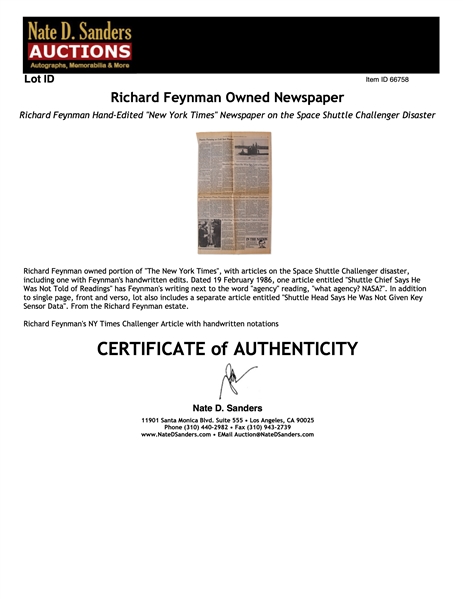Richard Feynman Hand-Edited ''New York Times'' Newspaper on the Space Shuttle Challenger Disaster