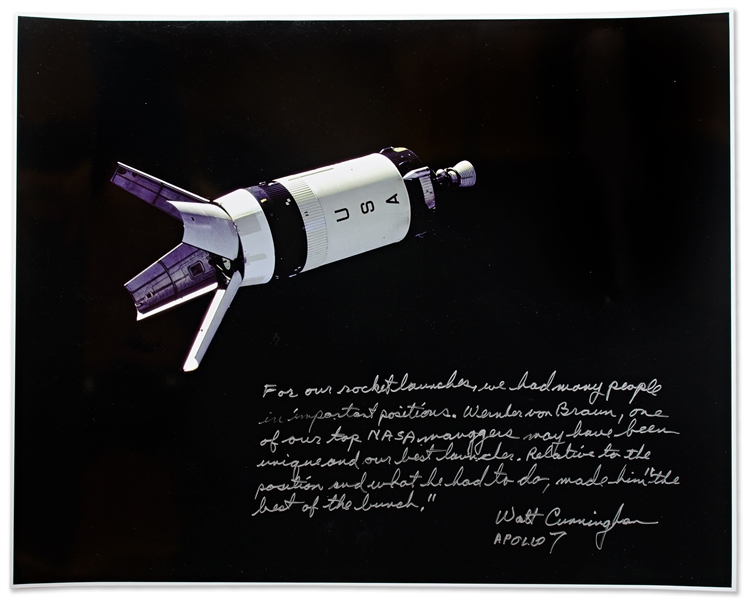 Walter Cunningham Signed 20'' x 16'' Photo of the Apollo 7 Saturn Rocket -- Cunningham Pays Tribute to Wernher von Braun