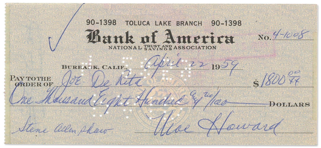 Two Moe Howard Signed Checks Dated 22 April 1959, Each in the Amount of $1800, Paid to Larry Fine and Joe DeRita and Endorsed by Each on Verso -- Written Entirely in Moe's Hand -- Very Good Condition