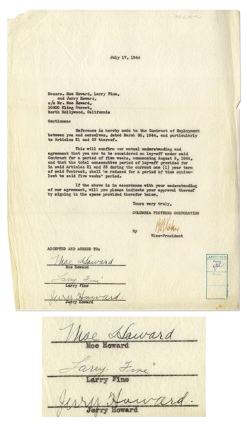 The Three Stooges Signed 1944 Columbia Pictures Employment Contract Rider -- Signed by Curly as ''Jerry Howard'', as Well as Moe Howard and Larry Fine -- Scarce