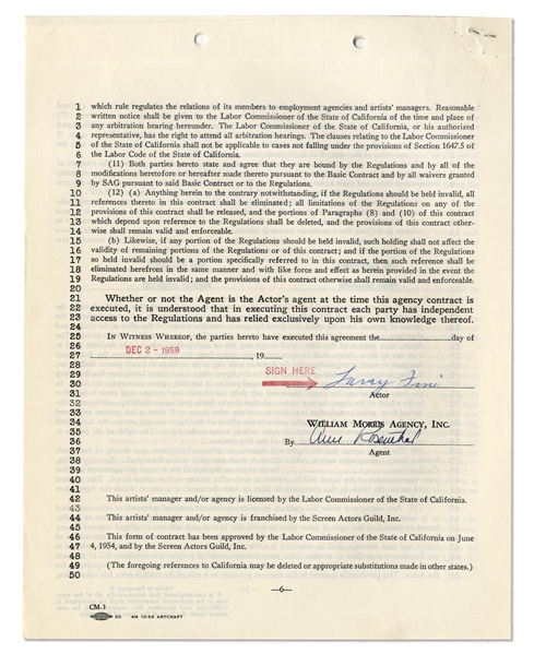 Larry Fine Signed Contract with the William Morris Agency, Dated 2 December 1959 -- Six Pages on Three Sheets Measure 8.5'' x 11'' -- Signed ''Larry Fine'' on Last Page -- Very Good to Near Fine