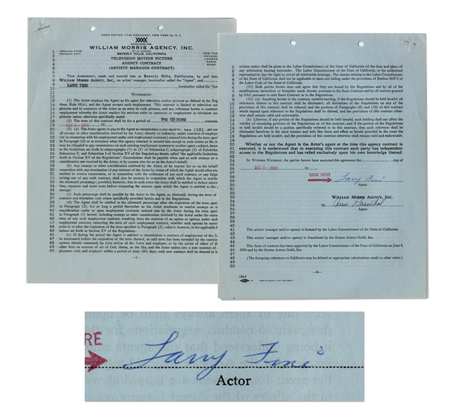Larry Fine Signed Contract with the William Morris Agency, Dated 2 December 1959 -- Six Pages on Three Sheets Measure 8.5'' x 11'' -- Signed ''Larry Fine'' on Last Page -- Very Good Plus Condition