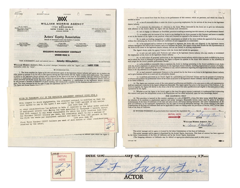Larry Fine Signed Contract with the William Morris Agency, Dated 2 December 1959 -- Four Pages & Rider on Two Sheets Measure 8.5'' x 11'' -- Signed ''L.F. Larry Fine'' on Last Page -- Very Good Plus