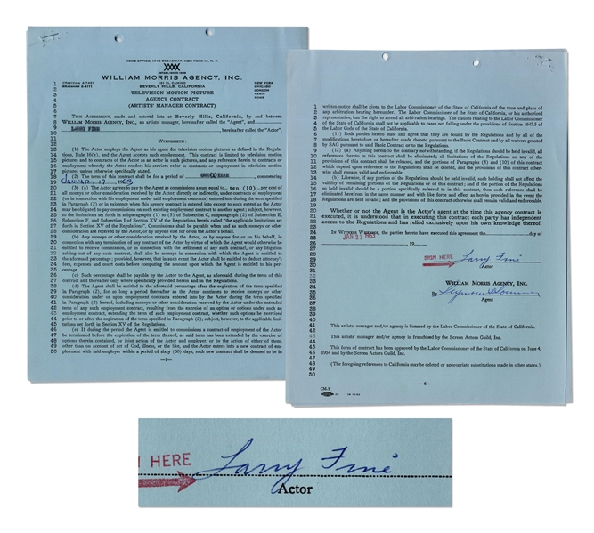 Larry Fine Signed Contract with the William Morris Agency, Dated 31 January 1963 -- Six Pages on Three Sheets Measure 8.5'' x 11'' -- Signed ''Larry Fine'' on Last Page -- Very Good Plus Condition