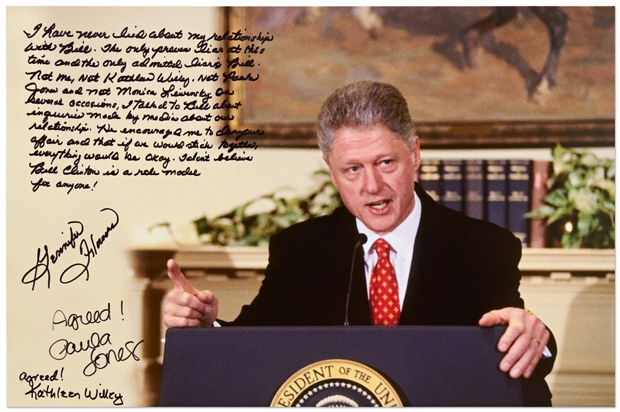 Gennifer Flowers, Paula Jones & Kathleen Wlley Signed 20'' x 16'' Photo of Bill Clinton During the Infamous ''Finger Wagging'' Press Conference