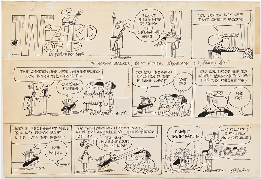 Original Comic Art Lot: Parker & Hart ''Wizard of Id'' Sunday Strip & Mel Lazarus ''Momma'' Strip (Both Field Enterprises, 1977) -- Plus Original 3 Stooges Art on 22'' x 15.5'' Board & Prints of Same