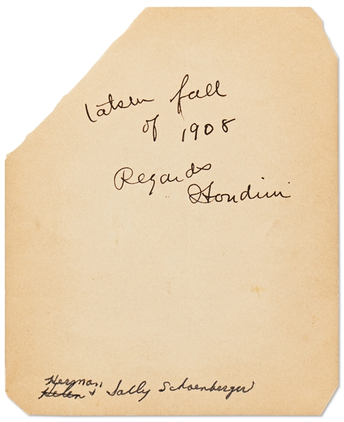 Harry Houdini Boldly Signed Photograph of His Mother -- Signed on Verso, ''[Illegible] fall of 1908 / Regards / Houdini'' -- Measures 4'' x 5'' -- Writing on Bottom, Trimmed Corner & Crease; Very Good