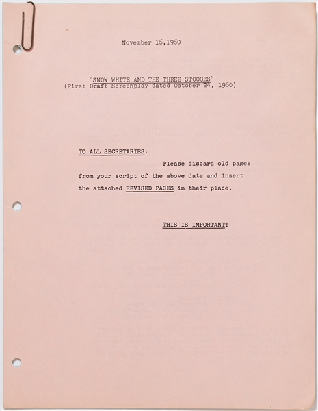 ''Snow White and the Three Stooges'' First Draft Script Dated 24 October 1960 -- ''Moe Howard'' Written on Front Cover -- Runs 132pp. Plus Revised Page Inserts, with One Signed ''Moe'' -- Very Good