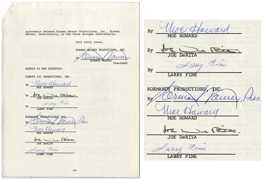 Three Stooges Contract Signed Twice by All Three: Moe Howard, Larry Fine & Joe DeRita -- Dated 9 June 1970 -- 3pp. on 3 Sheets -- Very Good Condition