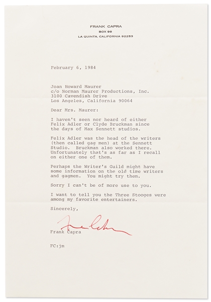 Lucille Ball Handwritten Letter Signed ''Love Lucy'' Mentioning ''The Stooges'' Plus Letters Signed from Milton Berle, Frank Capra, Carl Reiner & Others, All Regarding The Three Stooges -- Very Good