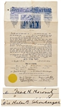 Moe H. Horowitz (Howard) & Helen B. Schonburger Signed Ketubah (Jewish Marriage Certificate) for Their 1925 Brooklyn, New York Wedding -- Measures 12 x 19 -- Holes at Intersecting Folds; Very Good