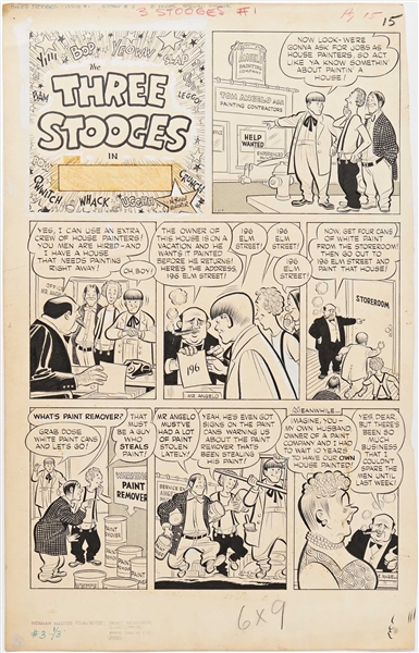 Norman Maurer ''Three Stooges'' #1 Original Art with Moe, Larry, and Shemp, Pages 4, 6, 7, 9, 15, 25, 27 & 28 (St. John, September 1953) -- Measures 13.5'' x 21'' -- Overall Very Good