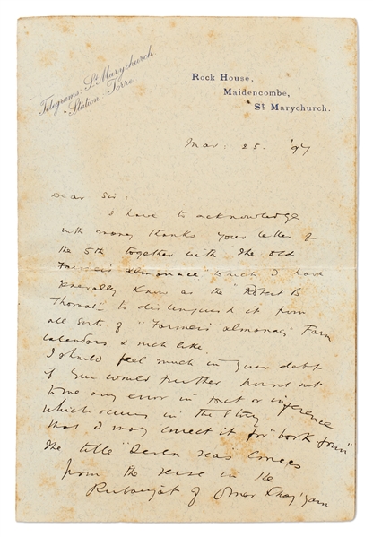 Rudyard Kipling Autograph Letter Signed Regarding His Book of Poetry, ''The Seven Seas''
