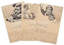 Moe Howard Lot of 3 Handwritten Letters Signed Daddy and Daddy Dear to His Daughter Joan -- Circa 1930s, Charming Letters Have Cut-Outs & Envelopes Pasted-On -- Measure 5 x 8 -- Very Good