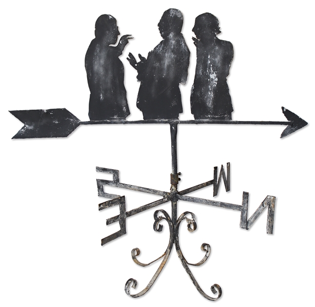 Wrought Iron Weathervane Depicting The Three Stooges in Their Famous Eye-Poking Stance -- Used on Moe Howard's Home -- 36'' Tall x 39'' Wide -- Patina & Wear from Use; Fully Intact
