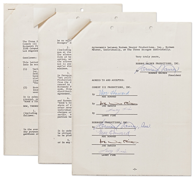 Three Stooges Contract Signed Twice by All Three: Moe Howard, Larry Fine & Joe DeRita -- Dated 9 June 1970 Regarding ''Kook's Tour'' -- 3pp. on 3 Sheets -- Very Good Plus