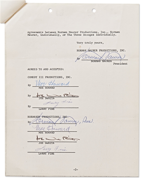 Three Stooges Contract Signed Twice by All Three: Moe Howard, Larry Fine & Joe DeRita -- Dated 9 June 1970 Regarding ''Kook's Tour'' -- 3pp. on 3 Sheets -- Very Good Plus