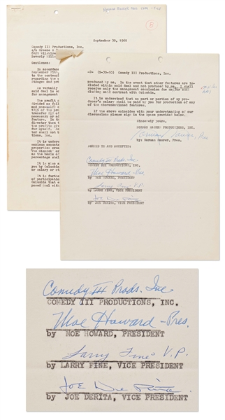 Three Stooges Contract Signed by All Three: Moe Howard, Larry Fine & Joe DeRita -- Dated 30 September 1960 Regarding a Contemplated Deal with Columbia Pictures -- 2pp. on 2 Sheets -- Very Good
