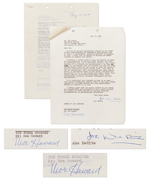 Agreement Signed by Moe Howard and Joe DeRita Regarding the Use of DeRita's Face for Three Stooges Merchandising -- Dated 11 May 1959 -- Also Includes Moe Howard Signed Letter Re: Same -- Very Good