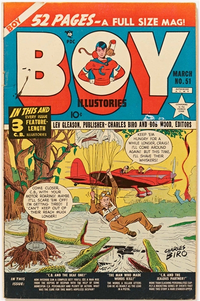 8 Copies of ''Boy Comics'' (Lev Gleason, 1950) -- 2 Copies of #51; 2 of #52; 1 of #56; 2 of #58; 1 of #59 -- Light Wear & Pencil Writing on Front Cover to 2
