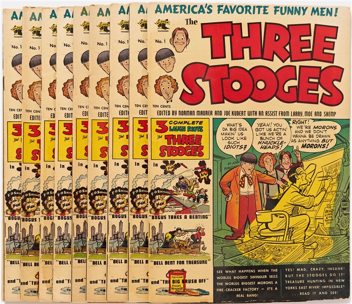 9 Copies of ''Three Stooges'' #1 (St. John, 1953) -- Light Wear & Moisture Staining to Covers of 4