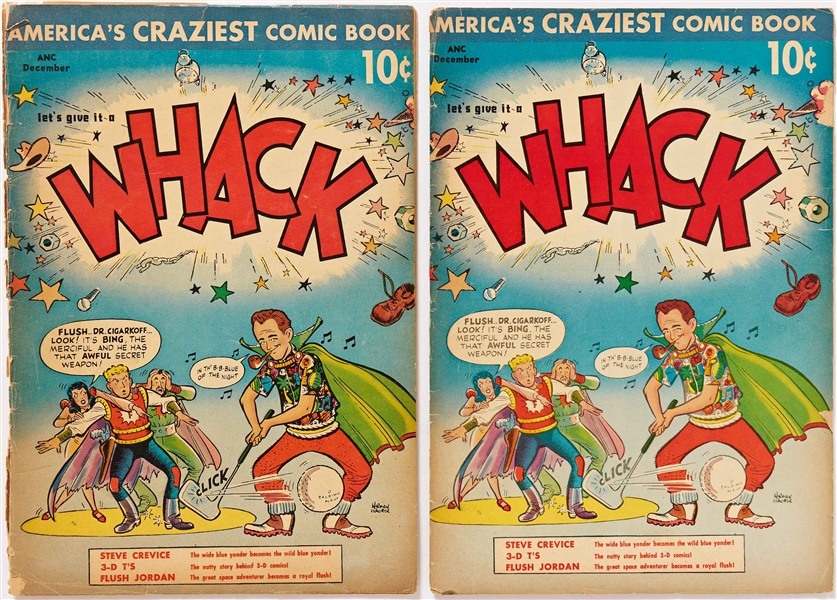 13 Copies of ''Whack'' (St. John, 1953) -- 10 Copies of #1 and 3 Copies of #2 -- Light Wear to #1 Copies & Missing 3-D Glasses to 6; Moderate Wear & Chipping to #3 Copies with Covers of 2 Detached