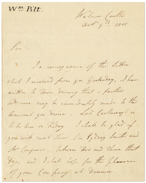 William Pitt the Younger Autograph Letter Signed as Prime Minster of the United Kingdom