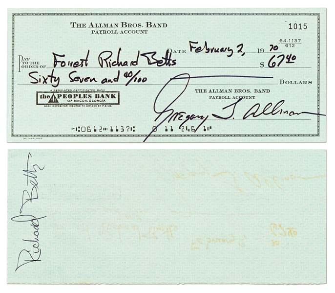 Lot of Six Checks from 1970 Signed by Original Members of The Allman Brothers Band -- Includes Scarce Duane Allman Check Signed from 1970 with Roger Epperson COA